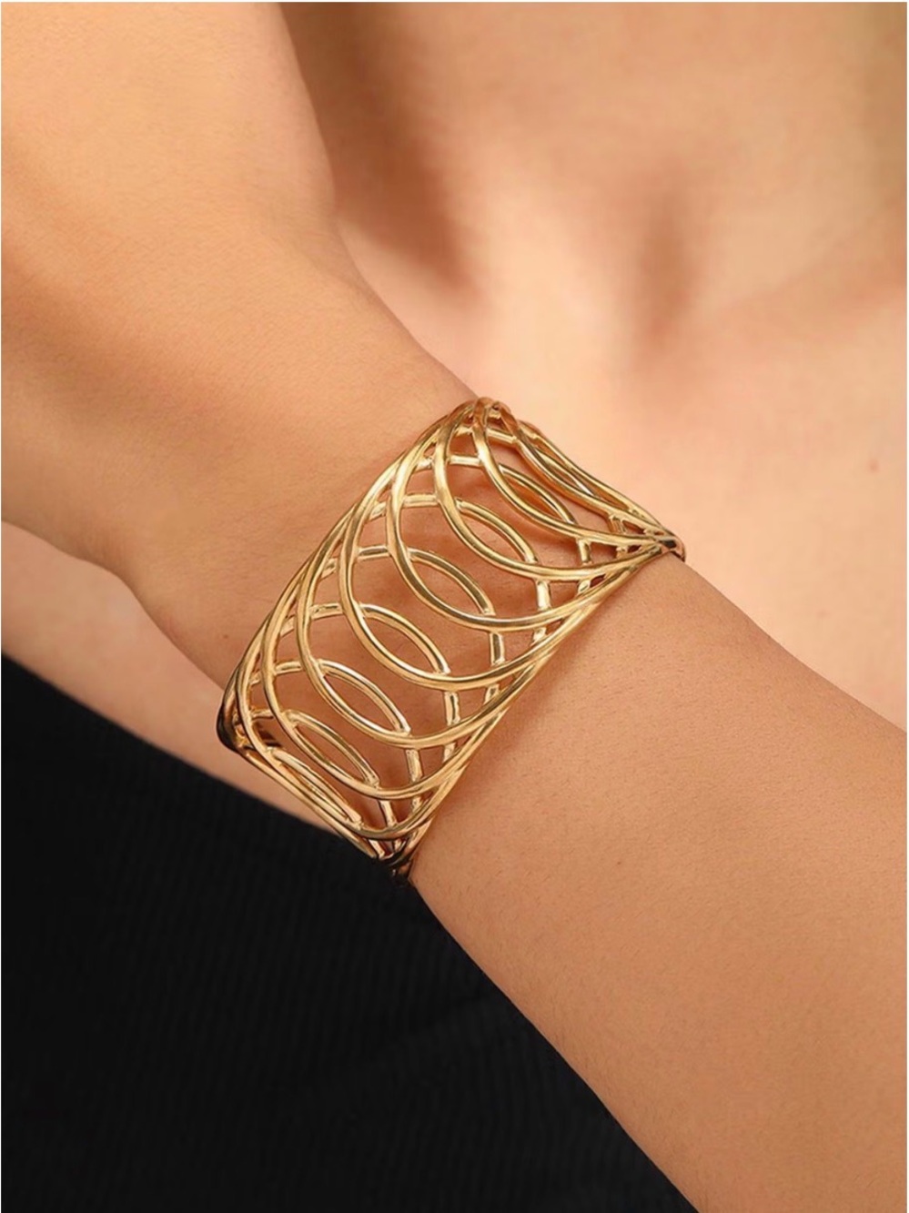 Gold Tone Stainless Steel Openwork Cuff Bracelet Adjustable Statement Bangle